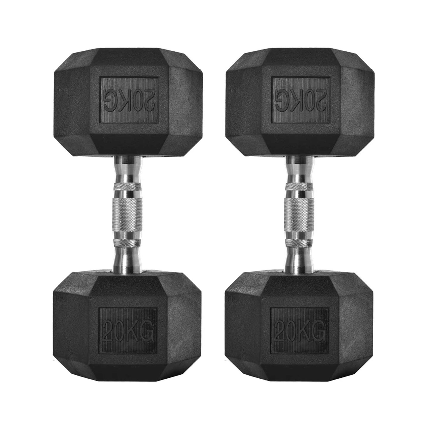 Pair of black hexagonal dumbbells with '20KG' marking on a white background