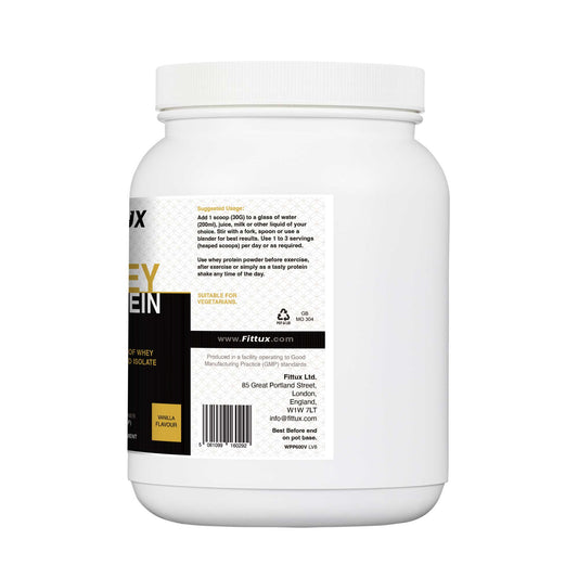 Fittux protein powder container with label on a white background