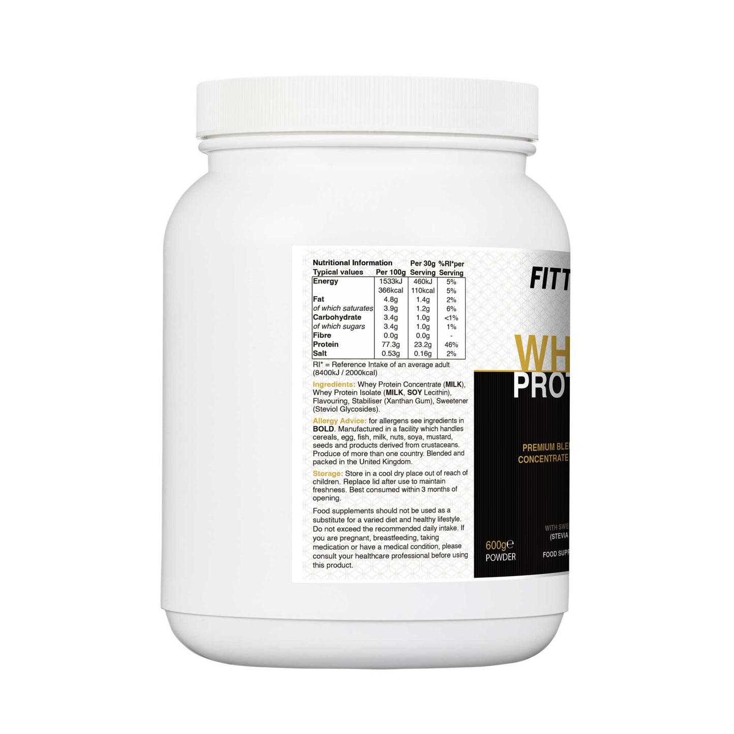 Fittux protein powder container with nutritional information label on a white background