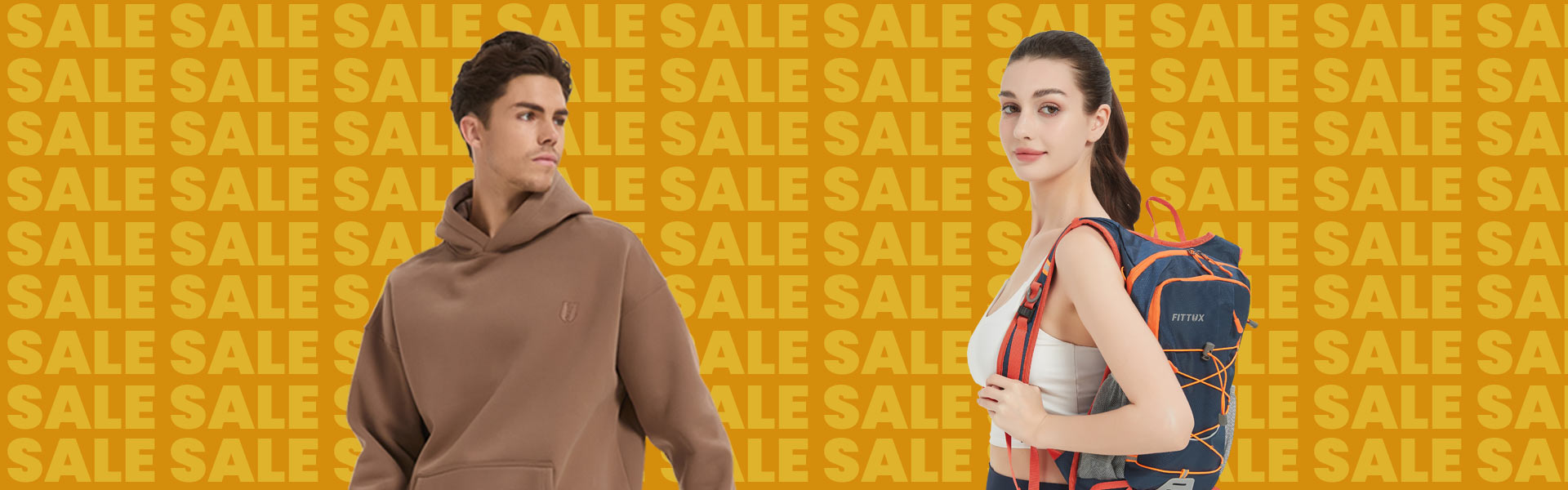 Two people wearing Fittux clothes standing against a yellow 'SALE' background.