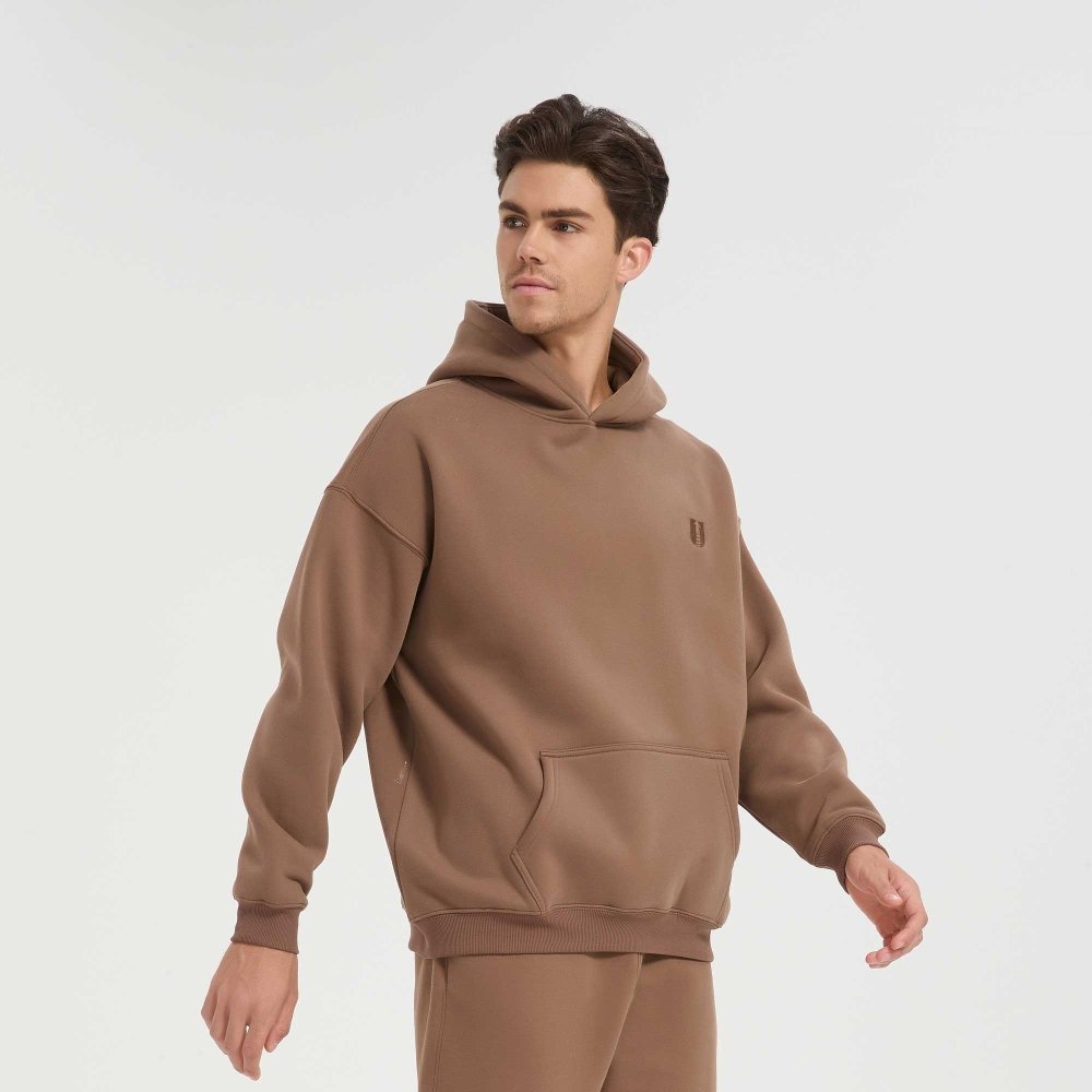 Fittux Oversized Stitched Logo Hoodie – Brown & Grey Heavyweight Pullover