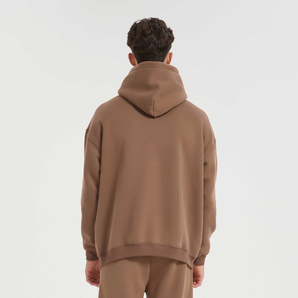 Fittux Oversized Stitched Logo Hoodie – Brown & Grey Heavyweight Pullover