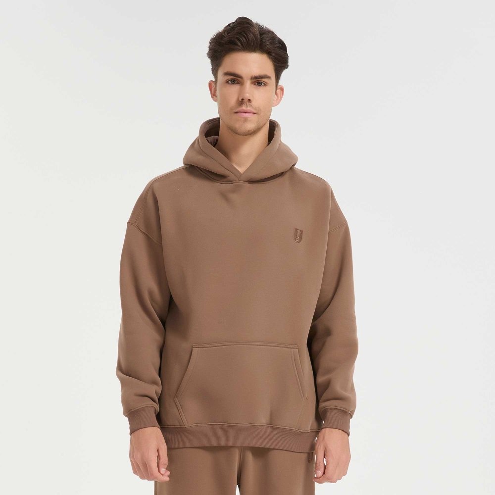 Fittux Oversized Stitched Logo Hoodie – Brown & Grey Heavyweight Pullover