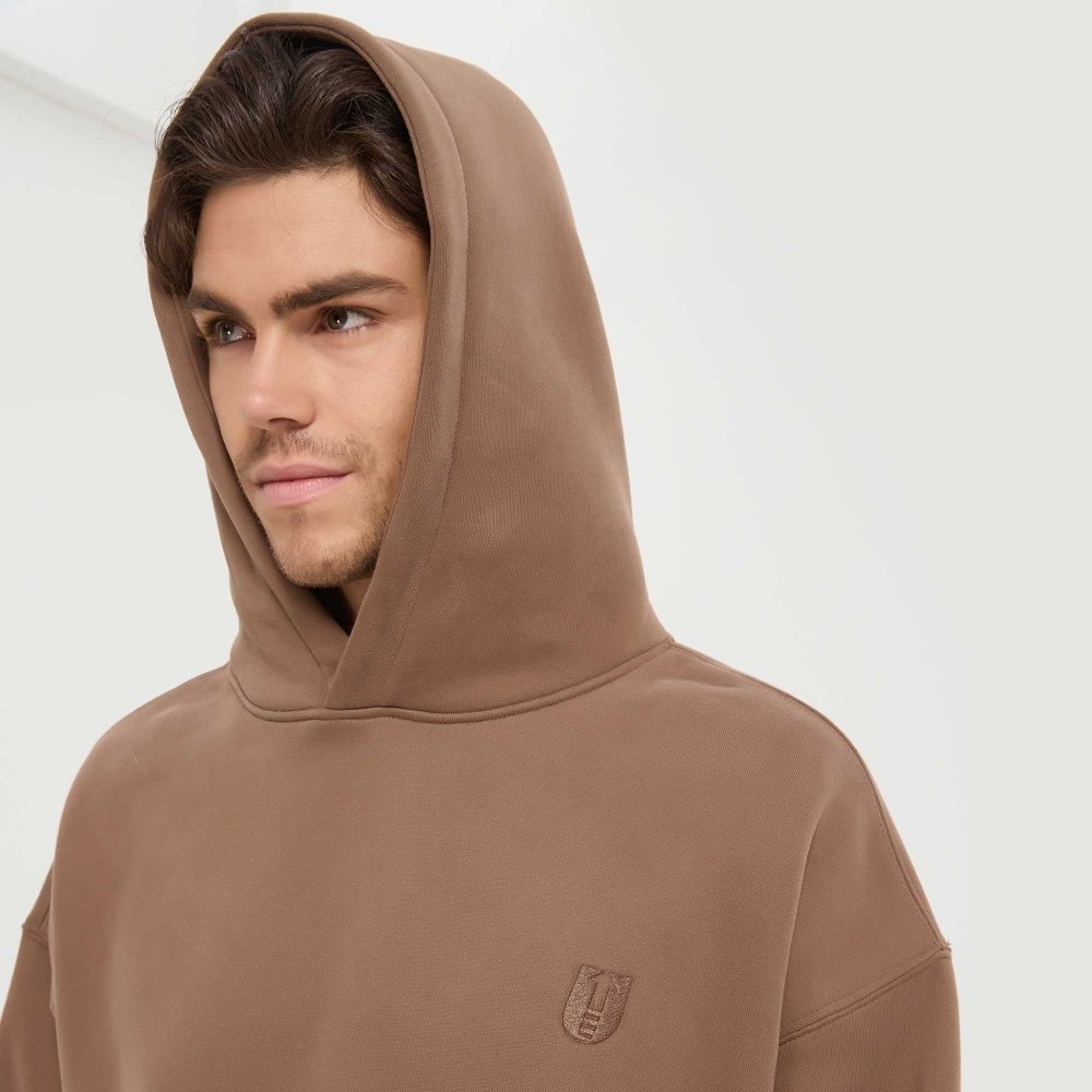 Fittux Oversized Stitched Logo Hoodie – Brown & Grey Heavyweight Pullover