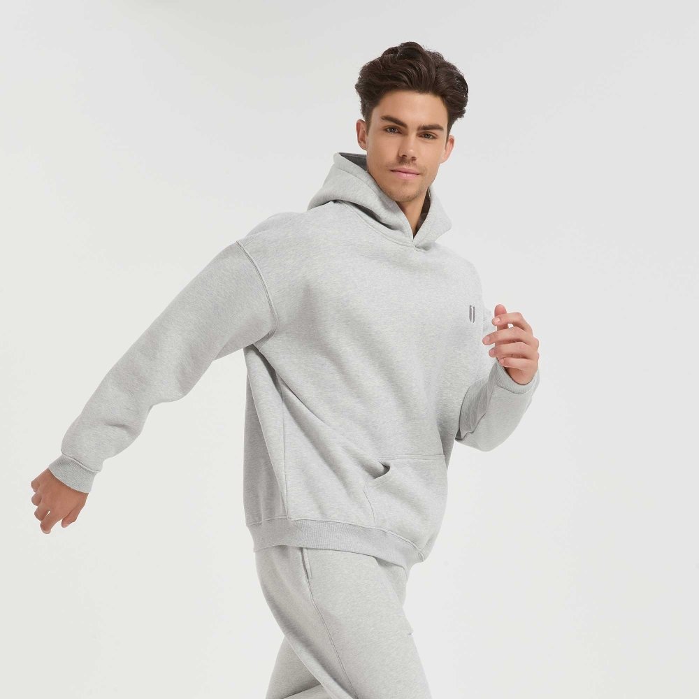 Fittux Oversized Stitched Logo Hoodie – Brown & Grey Heavyweight Pullover