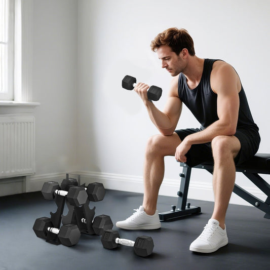 Rubber Hex Dumbbell Set with Rack 4kg - 8kg
