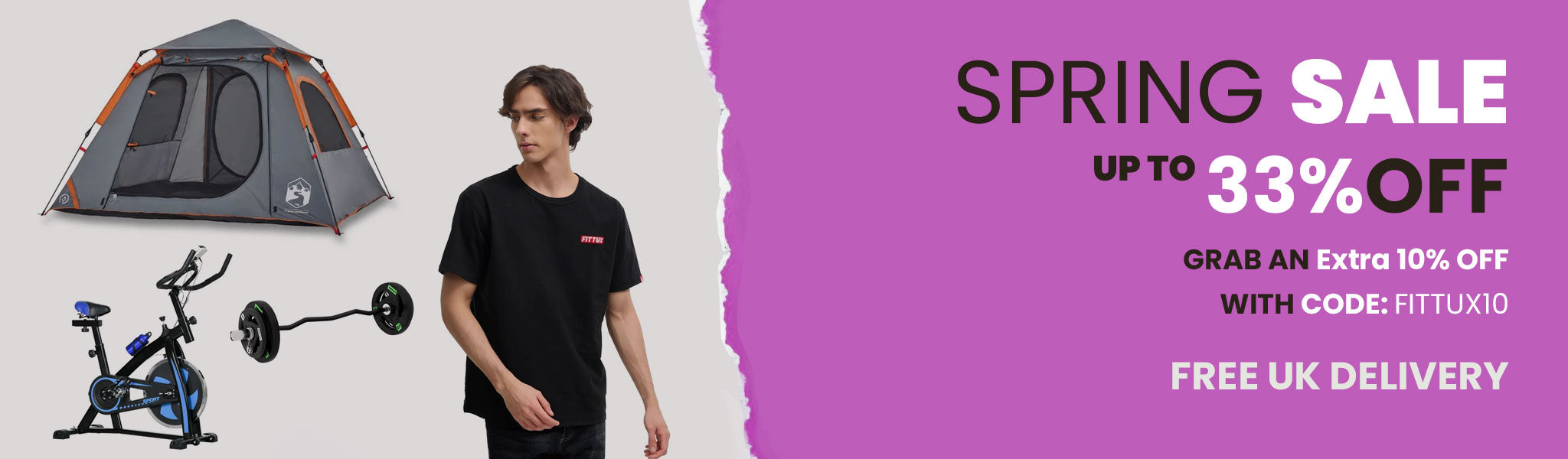 Spring Sale - Main image sports goods, a tent and a man wearing a FITTUX T-shirt.