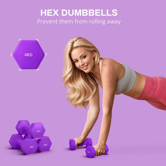 2 x 4kg Hexagonal Dumbbell Weights Set with Non - Slip Grip – Purple - Fittux