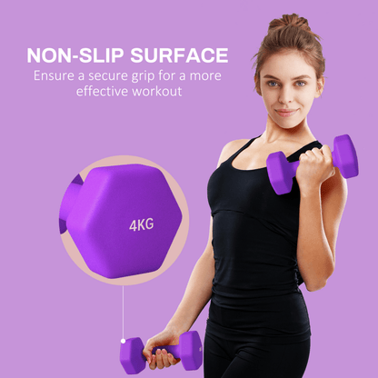 2 x 4kg Hexagonal Dumbbell Weights Set with Non - Slip Grip – Purple - Fittux