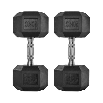Pair of black hexagonal dumbbells with '20KG' marking on a white background