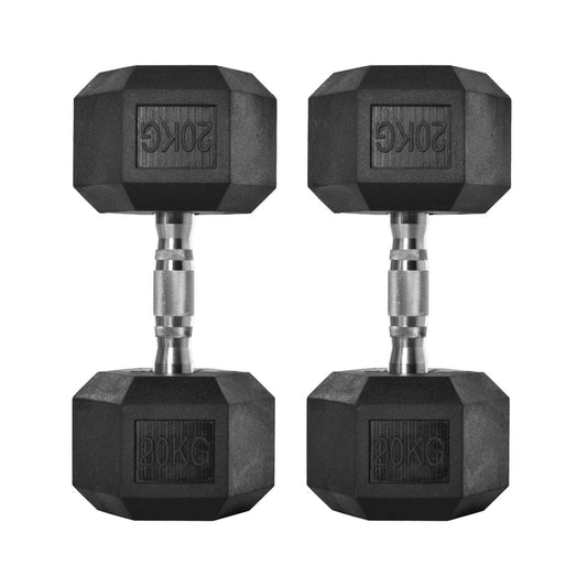 Pair of black hexagonal dumbbells with '20KG' marking on a white background