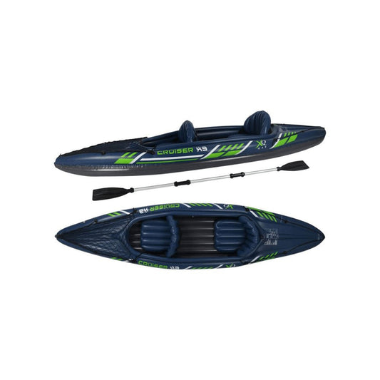 a Birds Eye view of the 2-person inflatable kayak and another side view with a white background.