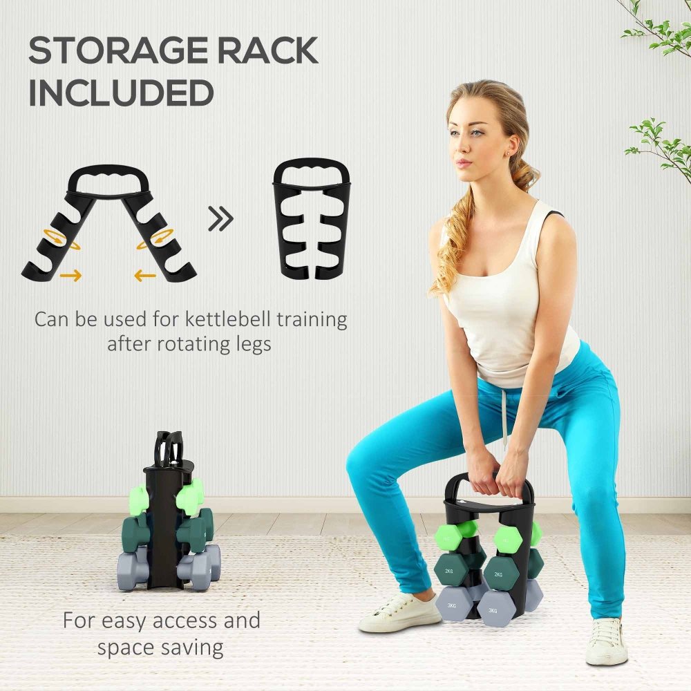 Dumbbell Weight Set with Rack & Kettlebell Conversion – 6 Pairs