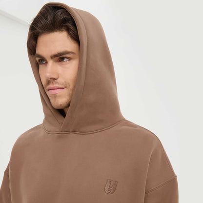 Fittux Oversized Stitched Logo Hoodie – Brown & Grey Heavyweight Pullover