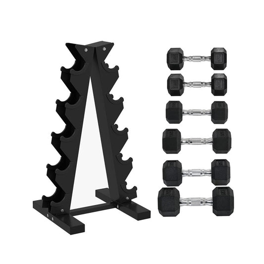 Hex Dumbbell Set with Storage Rack – Rubber - Coated Weights (4 kg, 6 kg, 8 kg Pairs)
