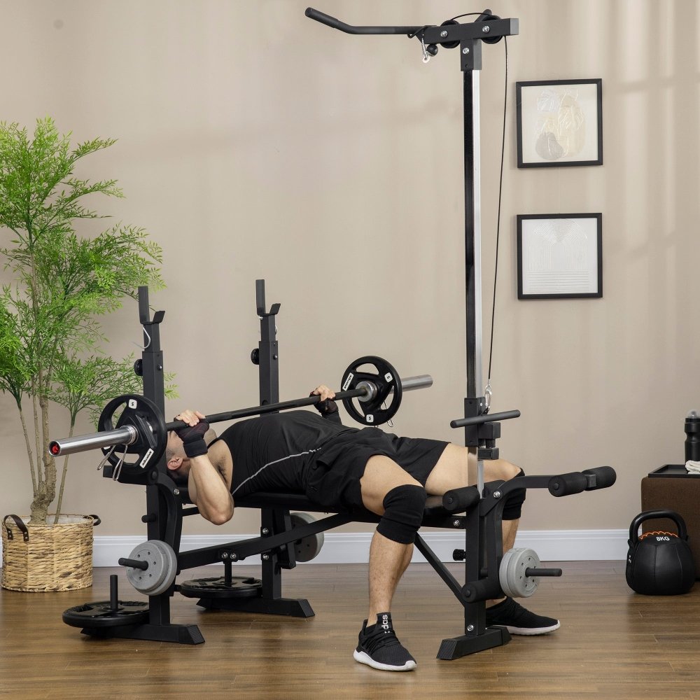 HOMCOM Adjustable Weight Bench with Pulley System & Squat Rack