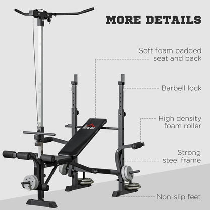 HOMCOM Adjustable Weight Bench with Pulley System & Squat Rack