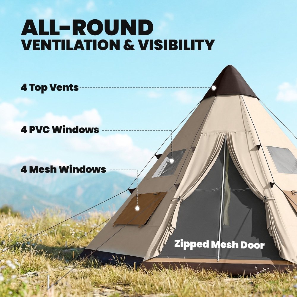 Outsunny 6 Man Tipi Tent Large Teepee Camping Tent