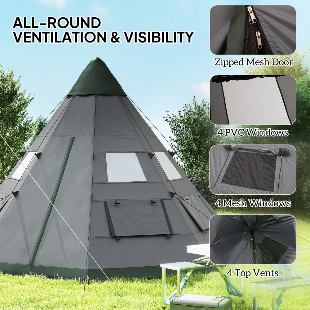 Outsunny 6 Man Tipi Tent Large Teepee Camping Tent