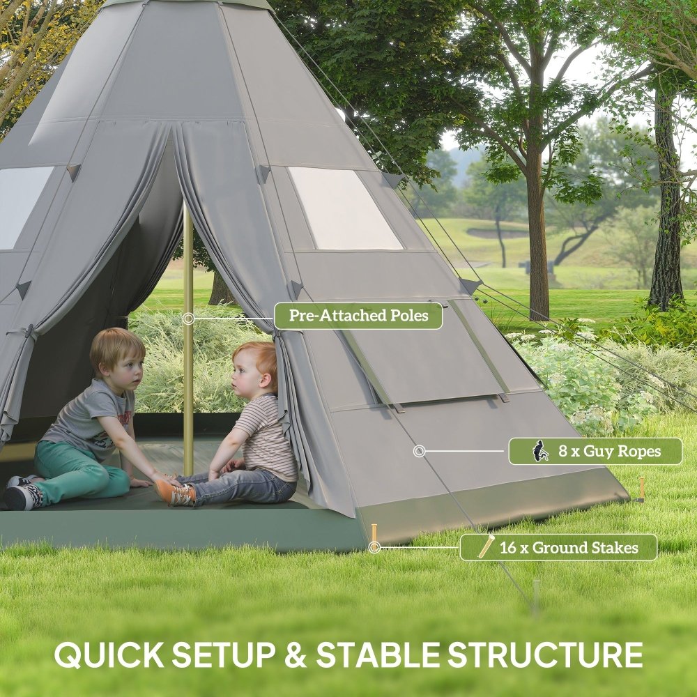 Outsunny 6 Man Tipi Tent Large Teepee Camping Tent