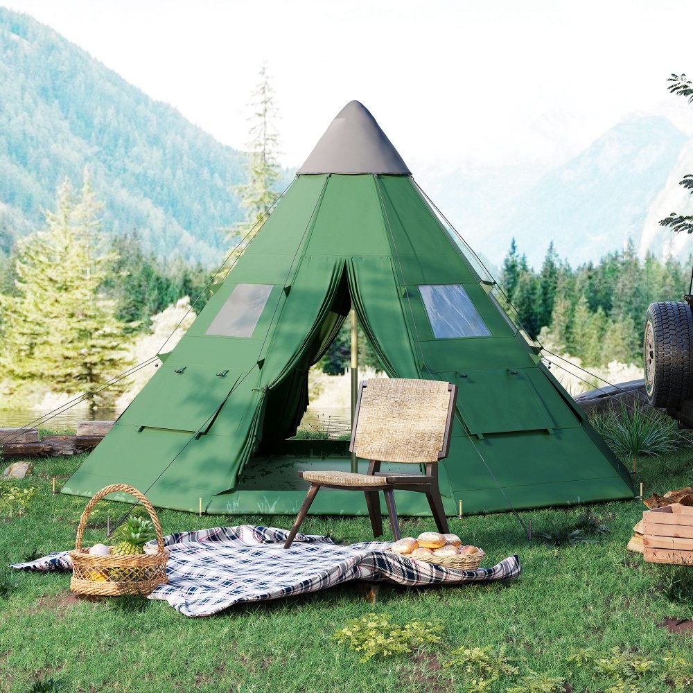 Outsunny 6 Man Tipi Tent Large Teepee Camping Tent