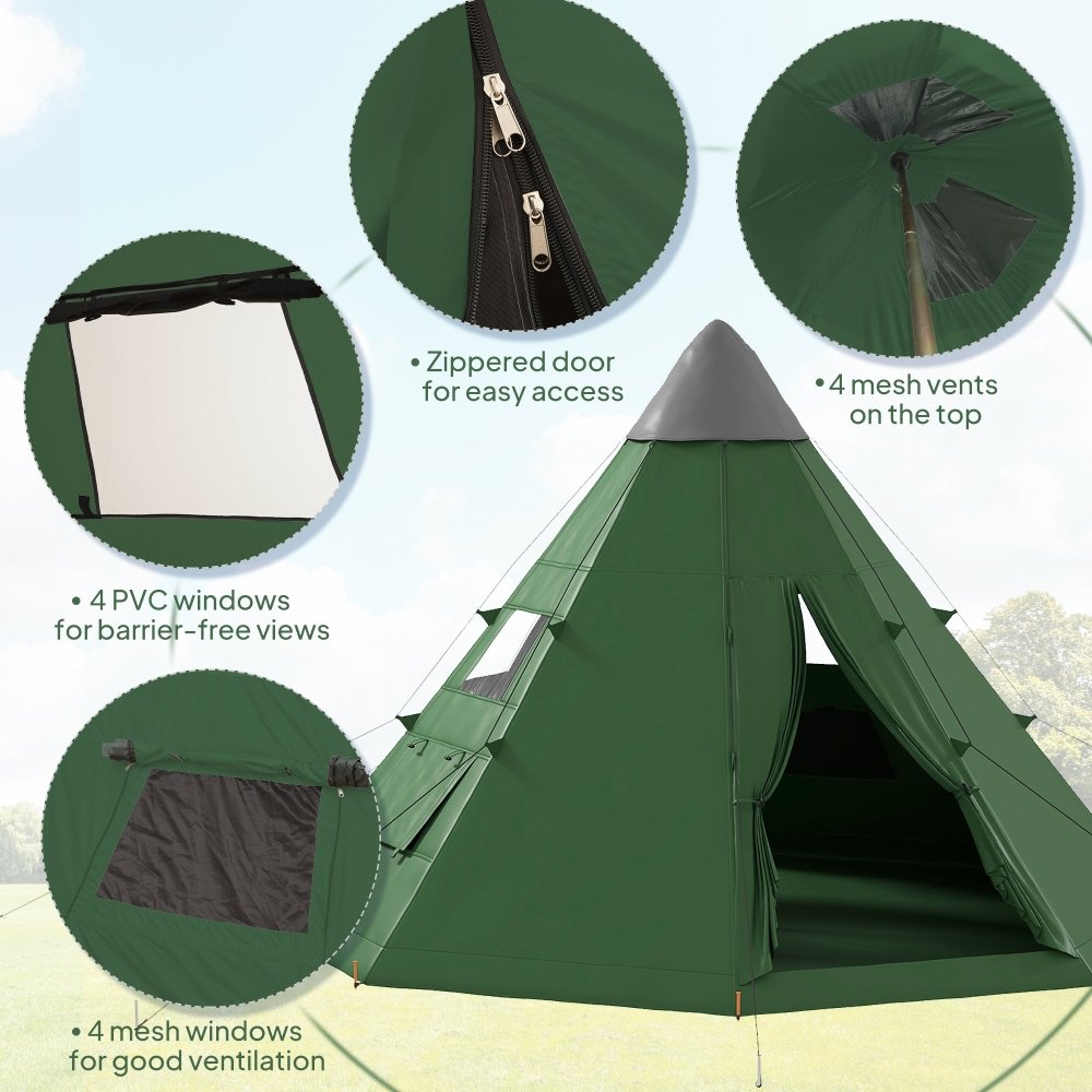Outsunny 6 Man Tipi Tent Large Teepee Camping Tent