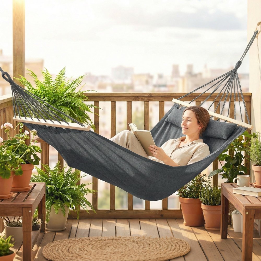 Outsunny Cotton Hammock with Pillow for Camping & Garden