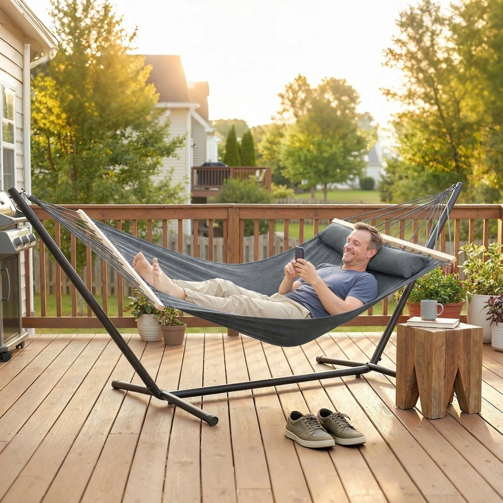 Outsunny Cotton Hammock with Pillow for Camping & Garden