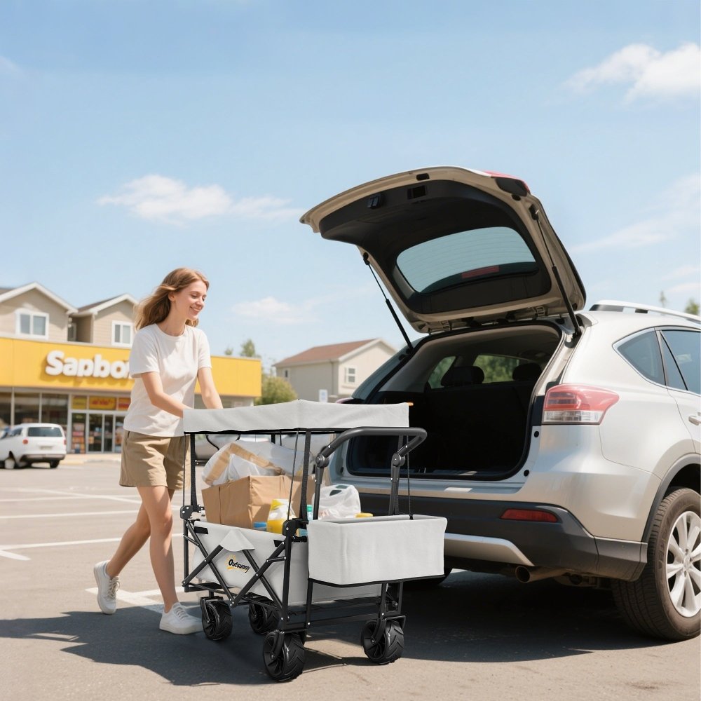 Outsunny Folding Festival Trolley Cart with Canopy & Push Pull Handle