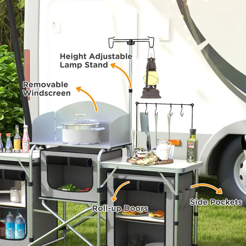 Outsunny Portable Camping Kitchen Unit with Storage & Tables