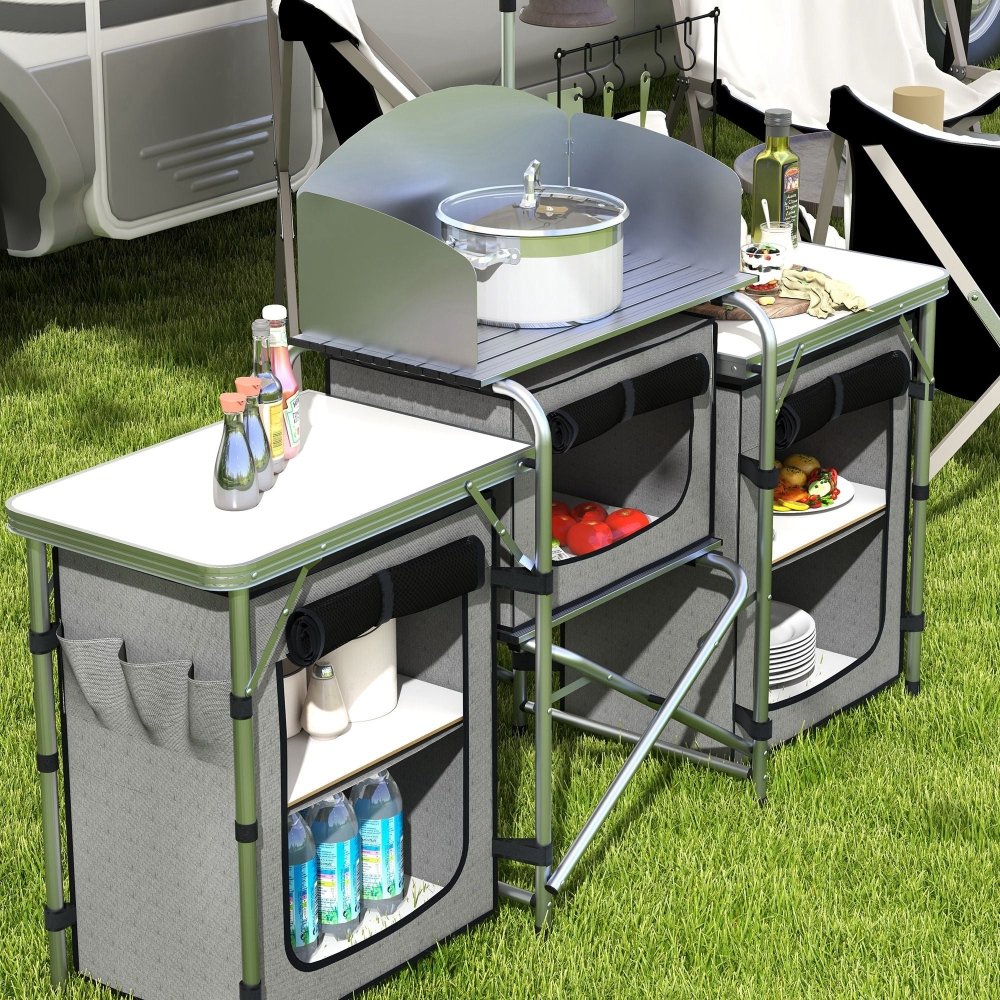Outsunny Portable Camping Kitchen Unit with Storage & Tables