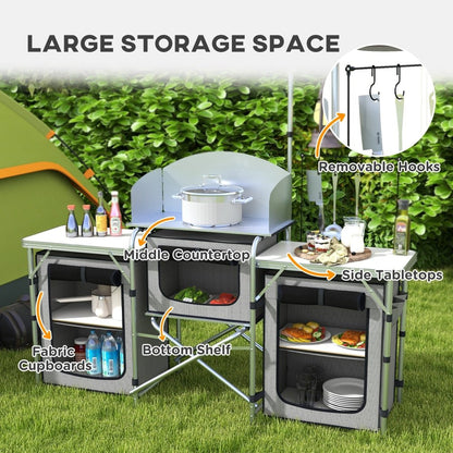 Outsunny Portable Camping Kitchen Unit with Storage & Tables