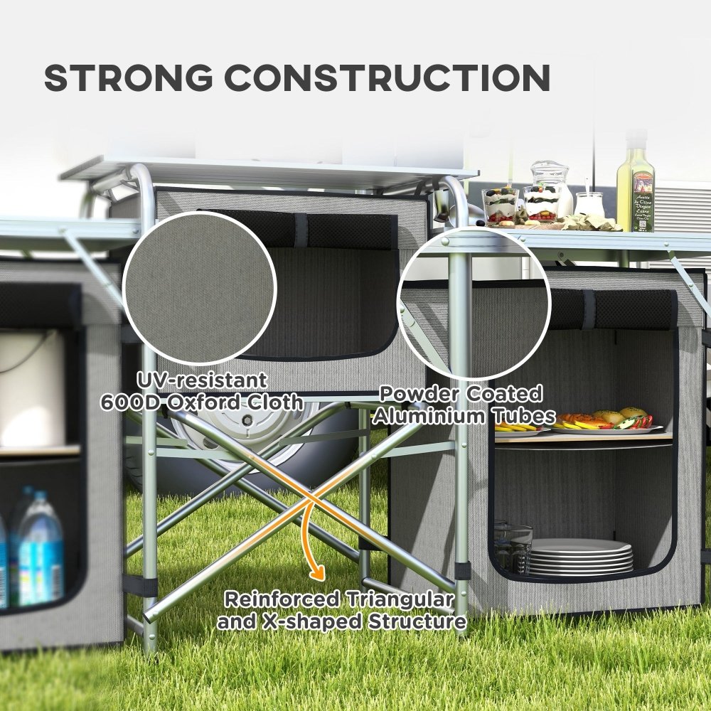 Outsunny Portable Camping Kitchen Unit with Storage & Tables