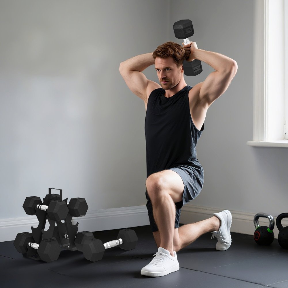 Rubber Hex Dumbbell Set with Rack 4kg - 8kg