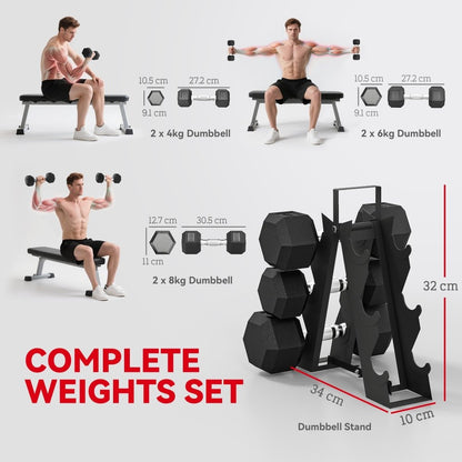 Rubber Hex Dumbbell Set with Rack 4kg - 8kg