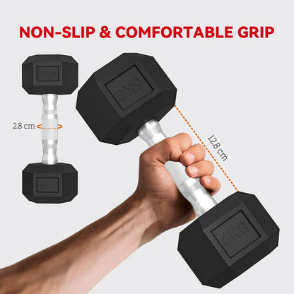 Rubber Hex Dumbbell Set with Rack 4kg - 8kg