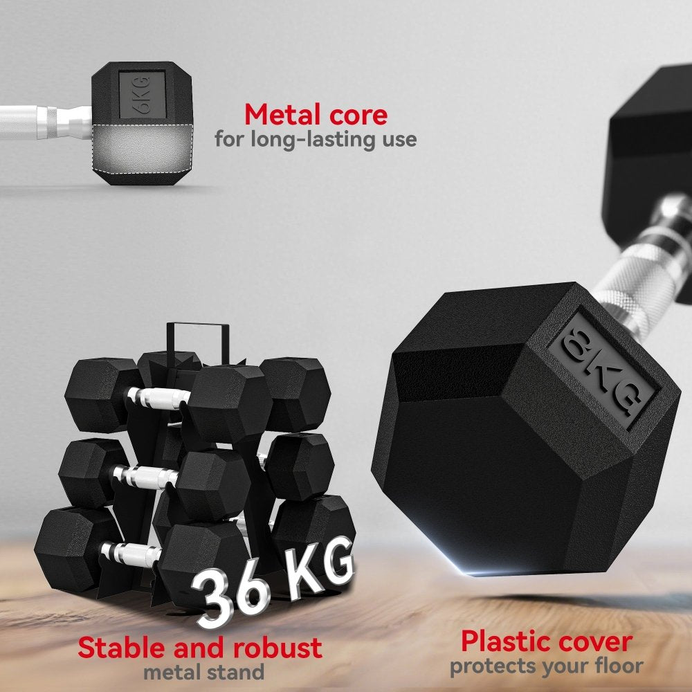 Rubber Hex Dumbbell Set with Rack 4kg - 8kg