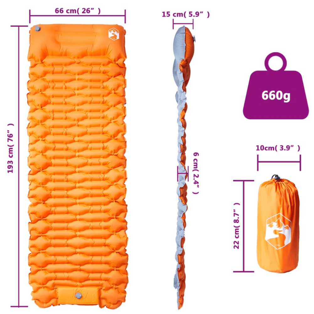 Self - Inflating Camping Mattress with Pillow – 1 - Person Orange - Fittux